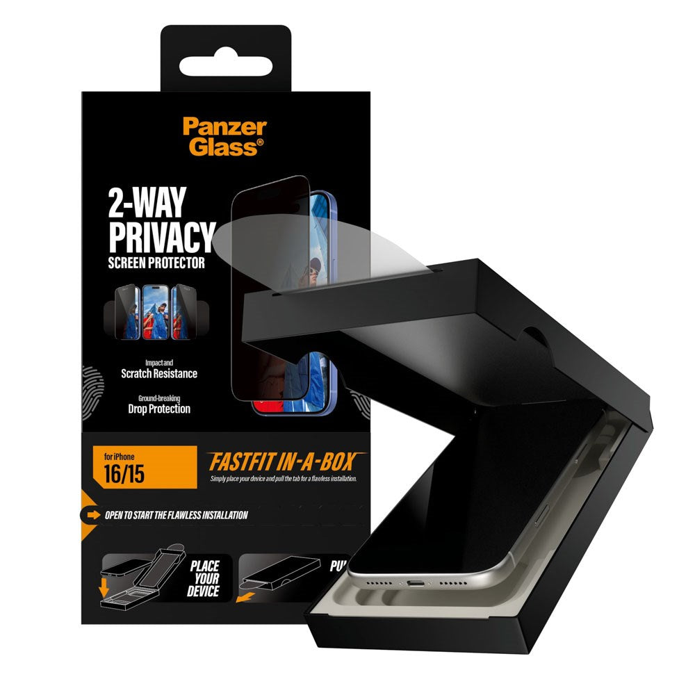 iPhone 16 / 15 PanzerGlass 2-Way Privacy Skærmbeskyttelse m. FastFit In-A-Box - Gennemsigtig