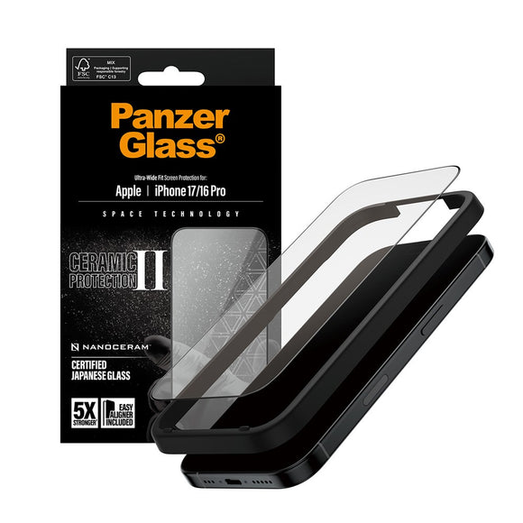PanzerGlass iPhone 17 / 16 Pro Ceramic Skærmbeskyttelse m. EasyAligner - Ultra Wide Fit - Gennemsigtig