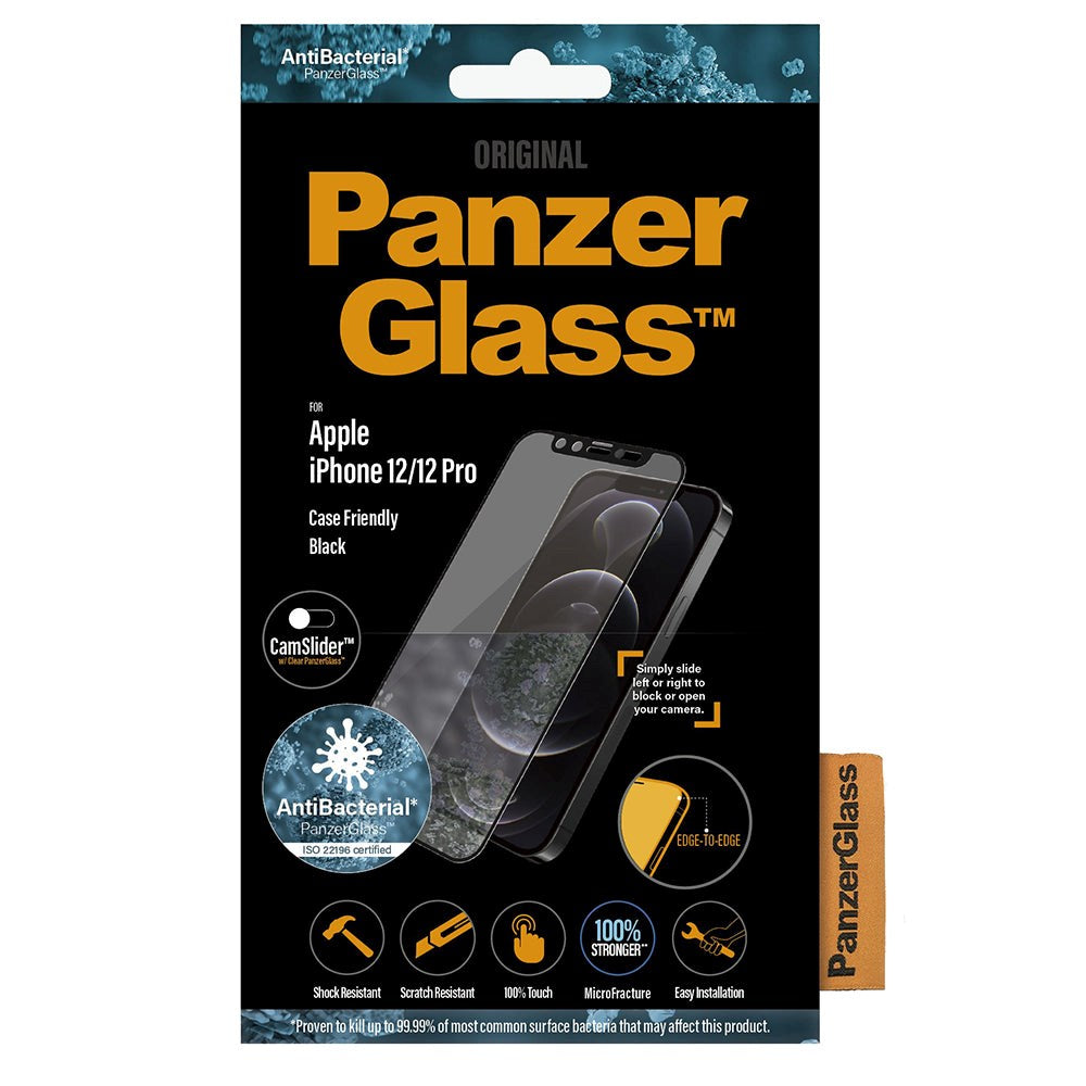 iPhone 12 / 12 Pro PanzerGlass AntiBacterial Skærmbeskyttelse - CamSlider - Case Friendly - Sort Kant