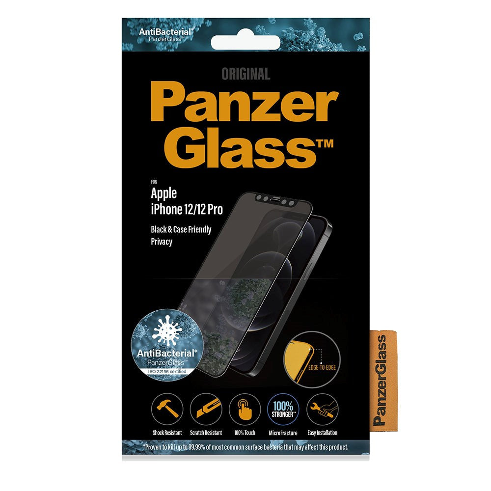 iPhone 12 / 12 Pro PanzerGlass AntiBacterial Skærmbeskyttelse - Case Friendly - Privacy - Sort Kant