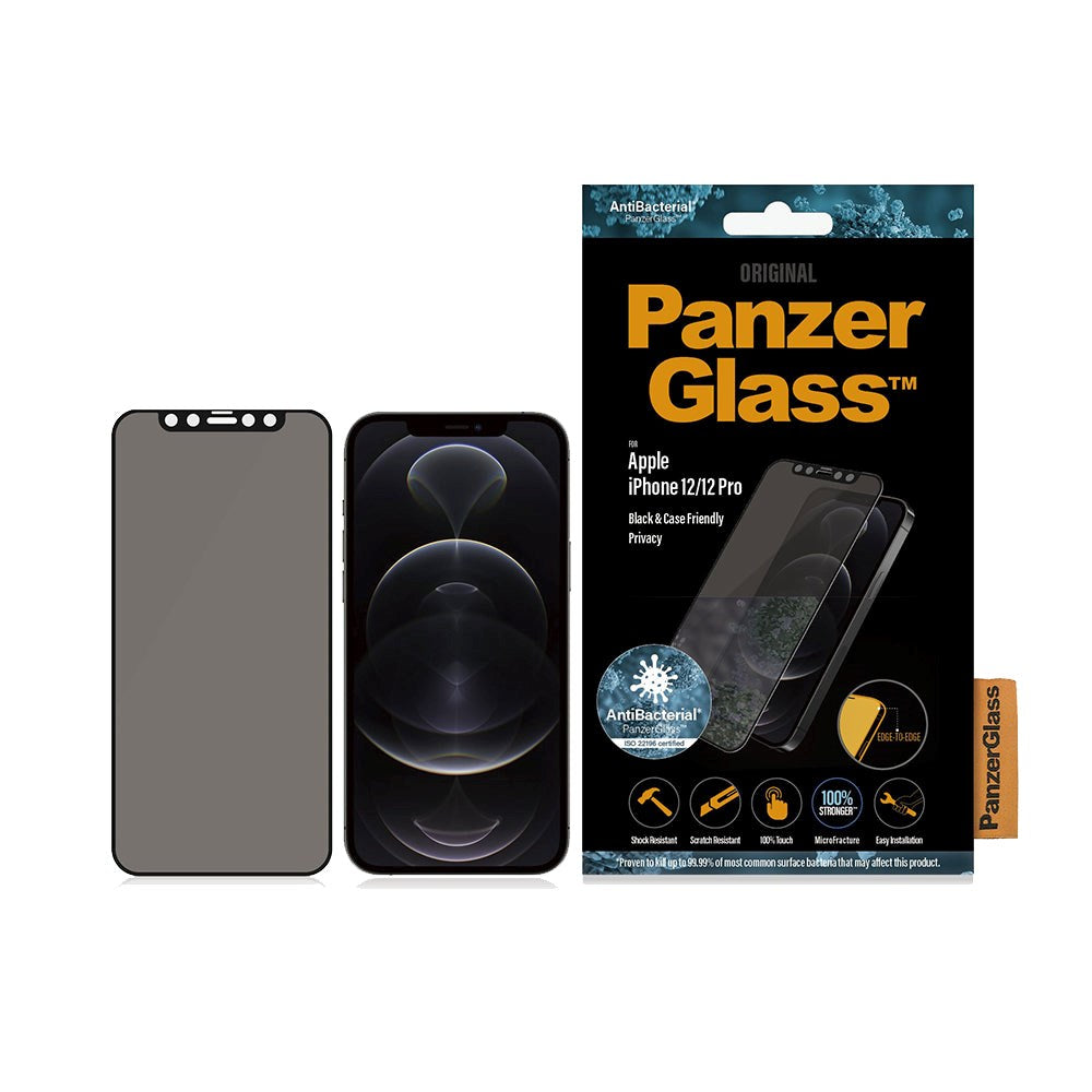 iPhone 12 / 12 Pro PanzerGlass AntiBacterial Skærmbeskyttelse - Case Friendly - Privacy - Sort Kant