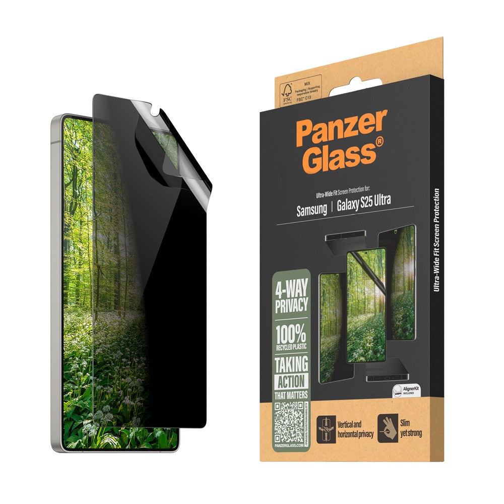 Samsung Galaxy S25 Ultra PanzerGlass Eco Matrix 4-Way Privacy Skærmbeskyttelse Ultra Wide Fit - Alignerkit - Platinum Strength - Gennemsigtig