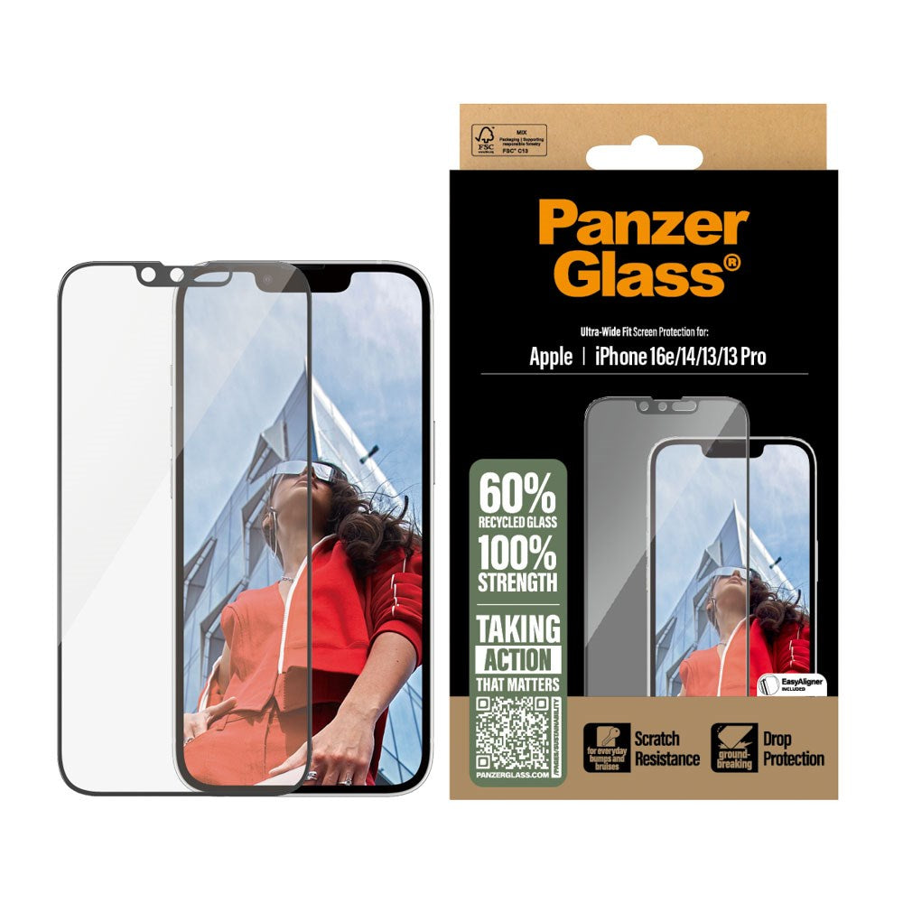 PanzerGlass® Skærmbeskytter iPhone 17e / 16e / 14 / 13 / 13 Pro Ultra-Wide Fit med EasyAligner - Gennemsigtig