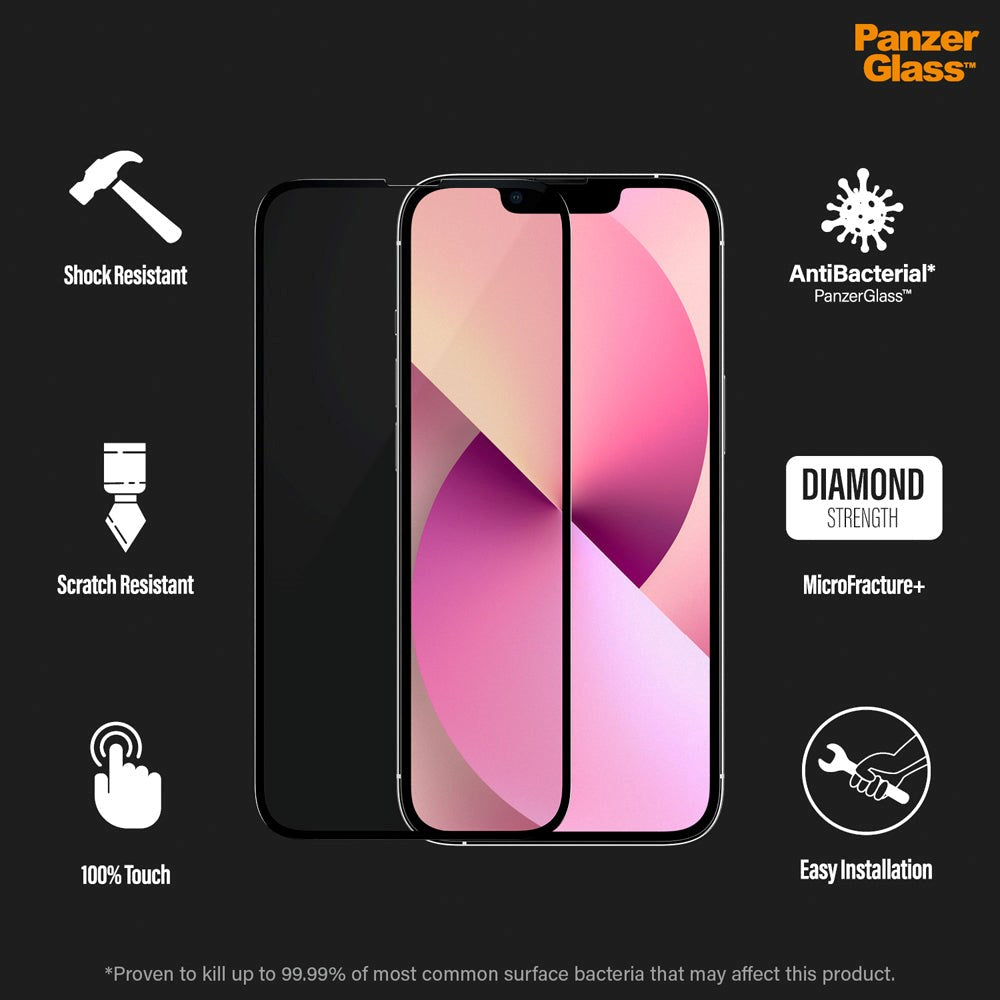 iPhone 13 Mini PanzerGlass AntiBacterial Edge-to-Edge Skærmbeskyttelse - Case-Friendly - Sort Kant