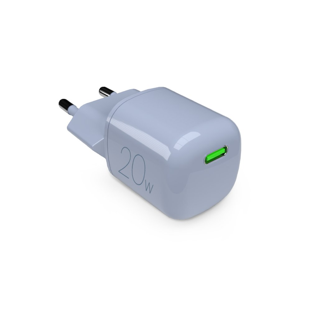 Puro GaN USB-C Vægoplader, 20W – Hurtigopladning - Lyseblå