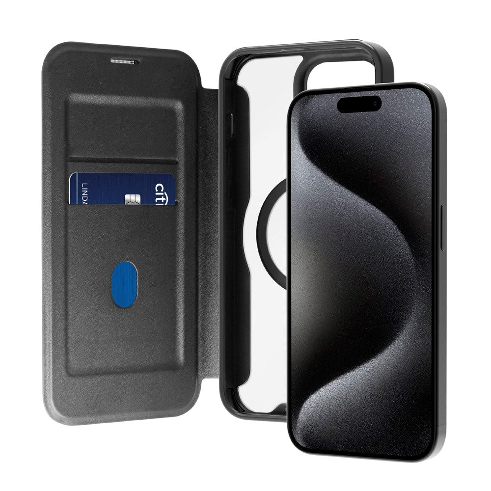 Puro Booklet Case Magsafe til iPhone 15 - Horisontal Flip + 2 Kortlommer - Sort