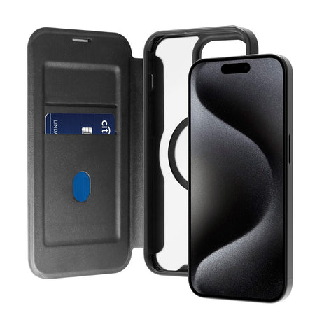 Puro Booklet Case Magsafe til iPhone 15 - Horisontal Flip + 2 Kortlommer - Sort
