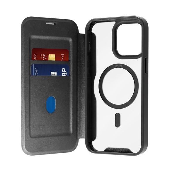 Puro Booklet Case Magsafe til iPhone 15 - Horisontal Flip + 2 Kortlommer - Sort