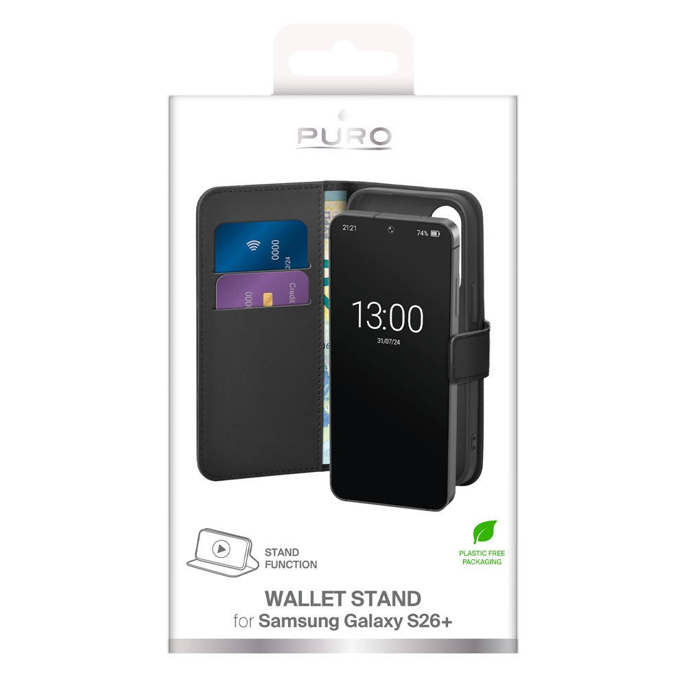 Samsung Galaxy S26+ (Plus) PURO Eco-Leather Flip Cover m. Kortholder & Ståfunktion - Sort