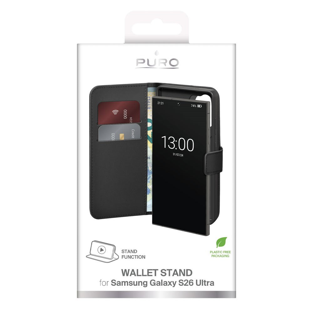 Samsung Galaxy S26 Ultra PURO Eco-Leather Flip Cover m. Kortholder & Ståfunktion - Sort