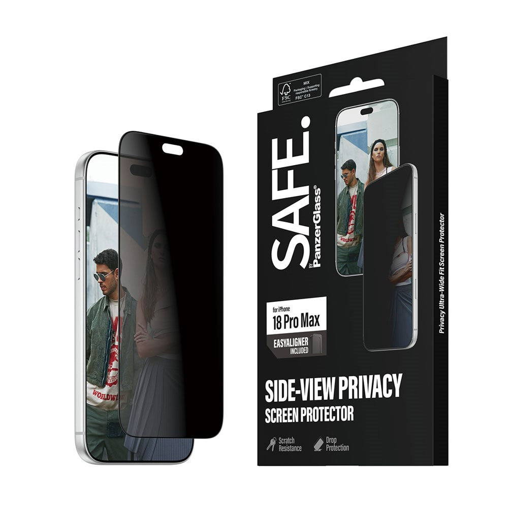 iPhone 18 Pro Max SAFE by PanzerGlass Ultra-Wide Fit Skærmbeskyttelsesglas m. EasyAligner - Privacy - Gennemsigtig