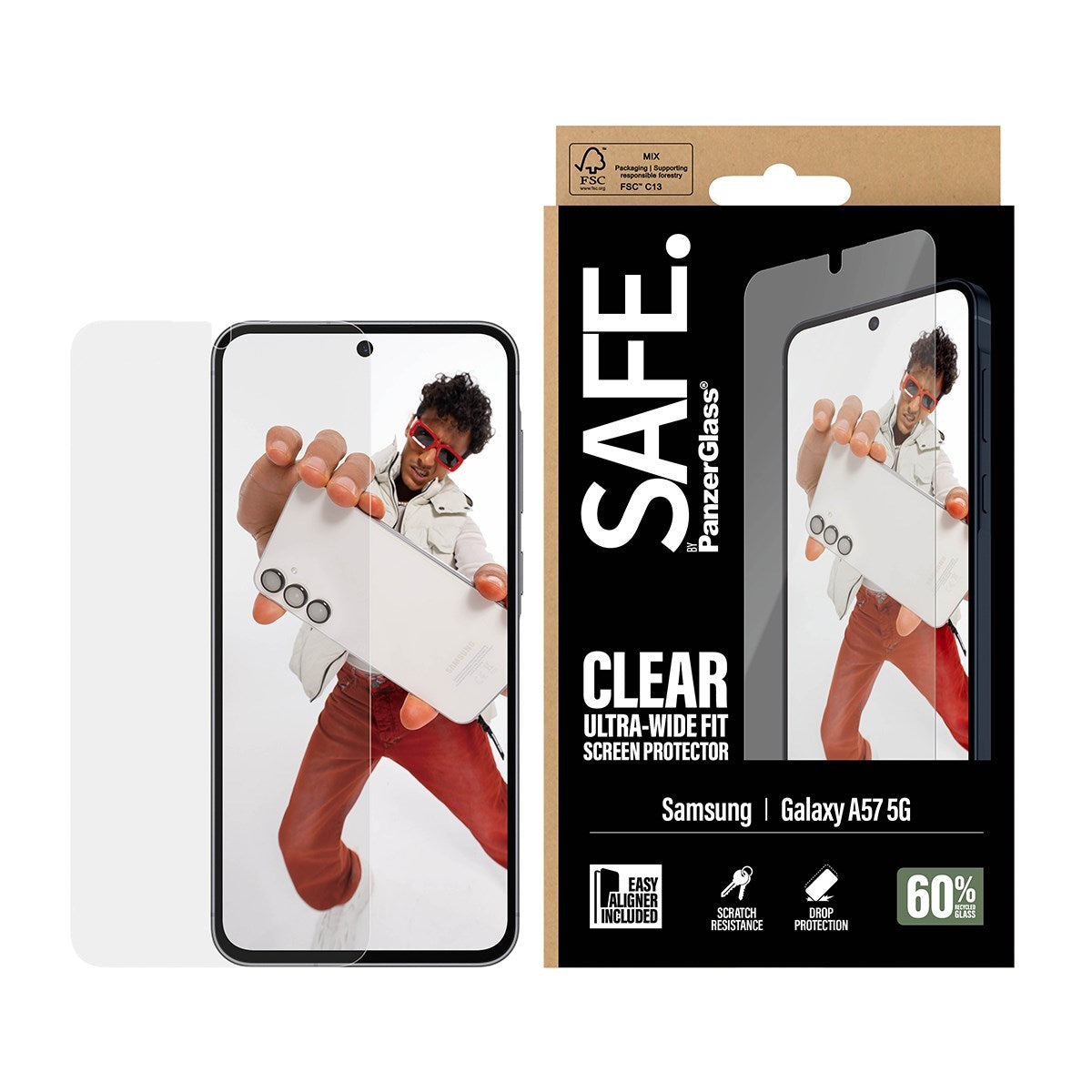 Samsung Galaxy A57 SAFE by PanzerGlass Ultra-Wide Fit Skærmbeskyttelsesglas m. EasyAligner - Gennemsigtig