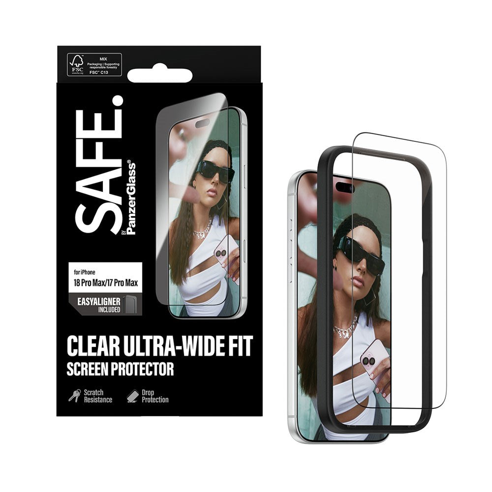 iPhone 18 Pro Max  / 17 Pro Max / 17 Pro Max SAFE by PanzerGlass Ultra-Wide Fit Skærmbeskyttelsesglas m. EasyAligner - Gennemsigtig