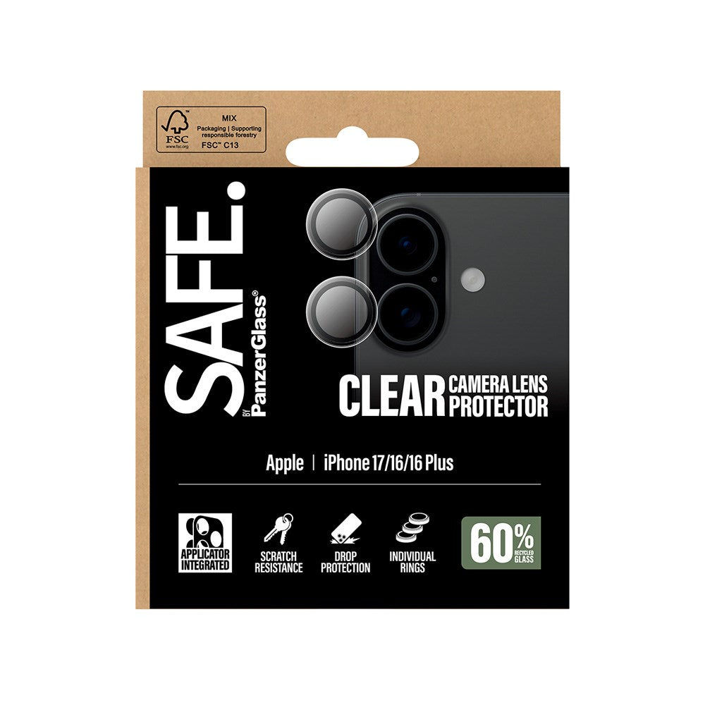 Safe by PanzerGlass iPhone 17 / 16 / 16 Plus Kameralinse Beskyttelsesglas - Gennemsigtig / Sort