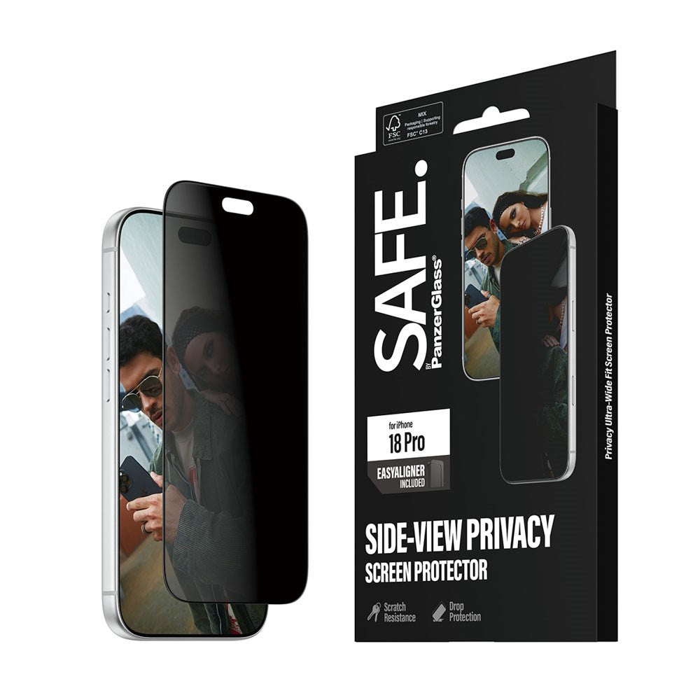iPhone 18 Pro / 17 Pro SAFE by PanzerGlass Ultra-Wide Fit Skærmbeskyttelsesglas m. EasyAligner - Privacy - Gennemsigtig