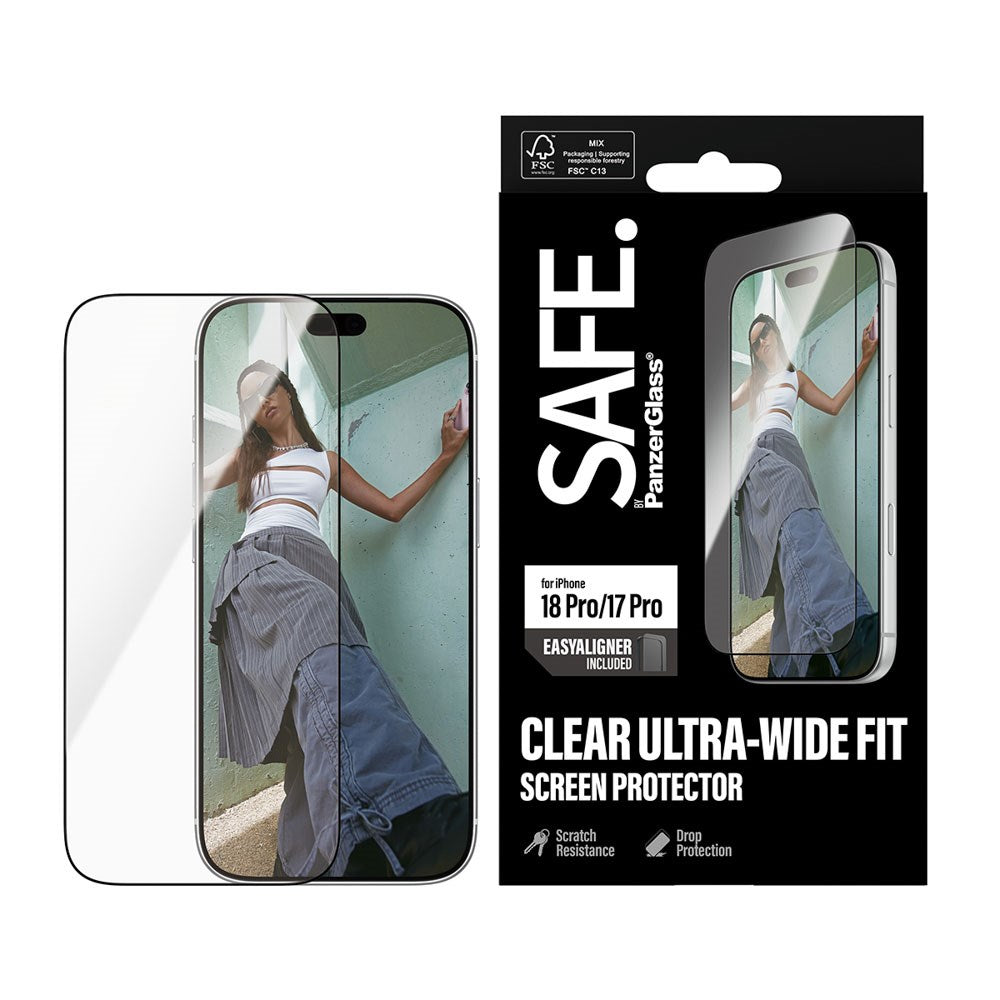 iPhone 18 Pro / 17 Pro SAFE by PanzerGlass Ultra-Wide Fit Skærmbeskyttelsesglas m. EasyAligner - Gennemsigtig