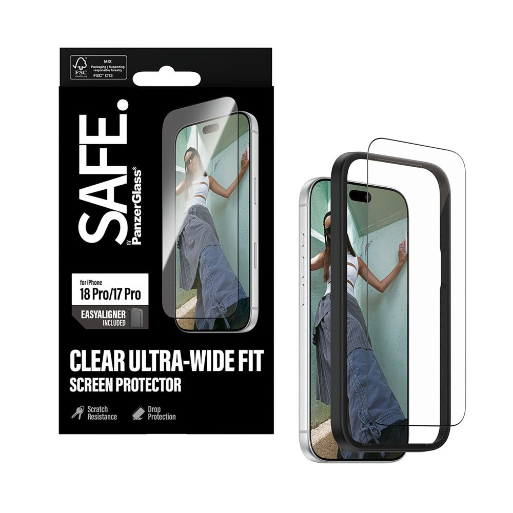 iPhone 18 Pro / 17 Pro SAFE by PanzerGlass Ultra-Wide Fit Skærmbeskyttelsesglas m. EasyAligner - Gennemsigtig