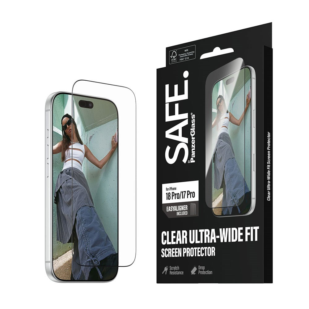 iPhone 18 Pro / 17 Pro SAFE by PanzerGlass Ultra-Wide Fit Skærmbeskyttelsesglas m. EasyAligner - Gennemsigtig