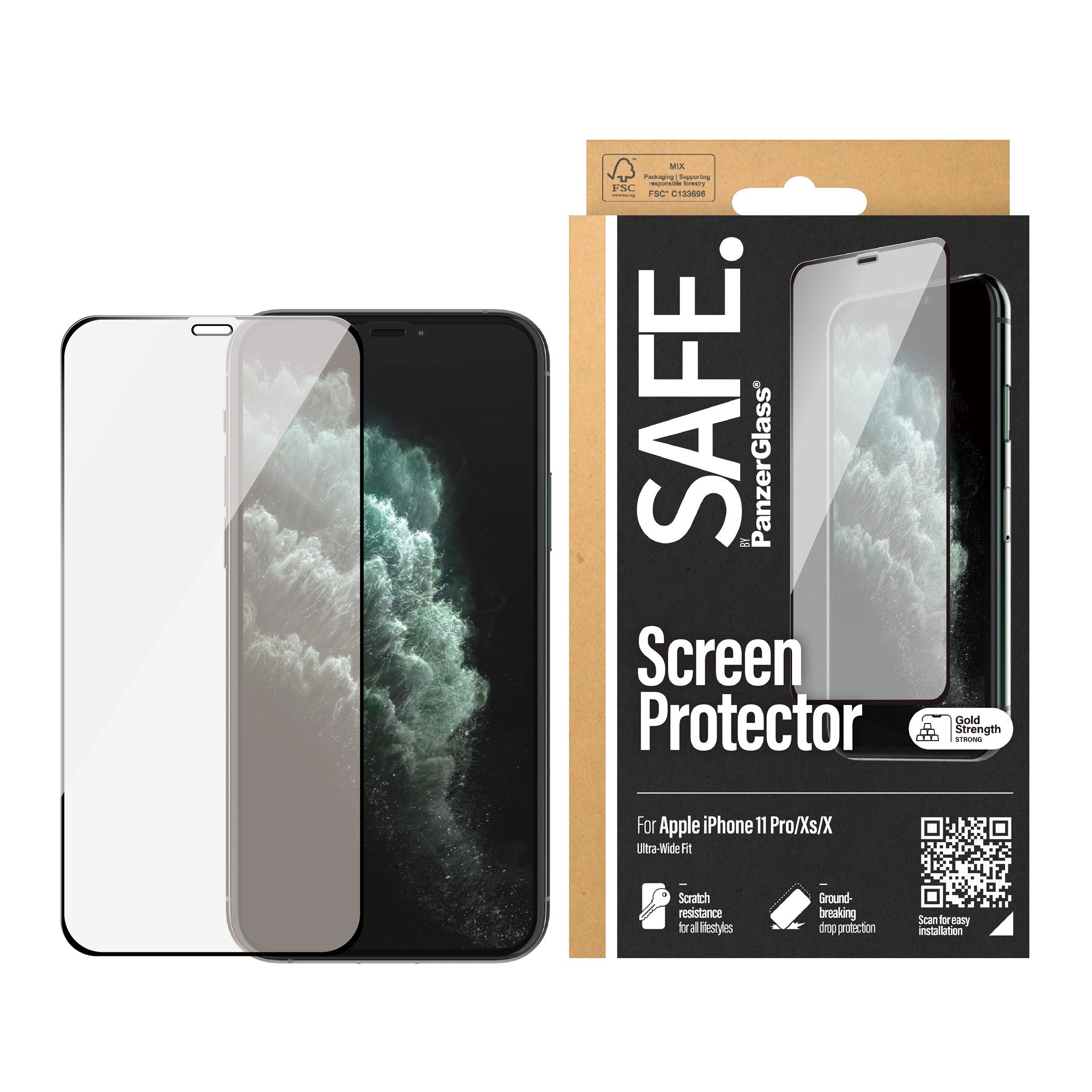 SAFE by PanzerGlass Edge-to-Edge Fit Skærmbeskyttelse - iPhone X/XS/11 Pro - Gennemsigtig/Sort Kant