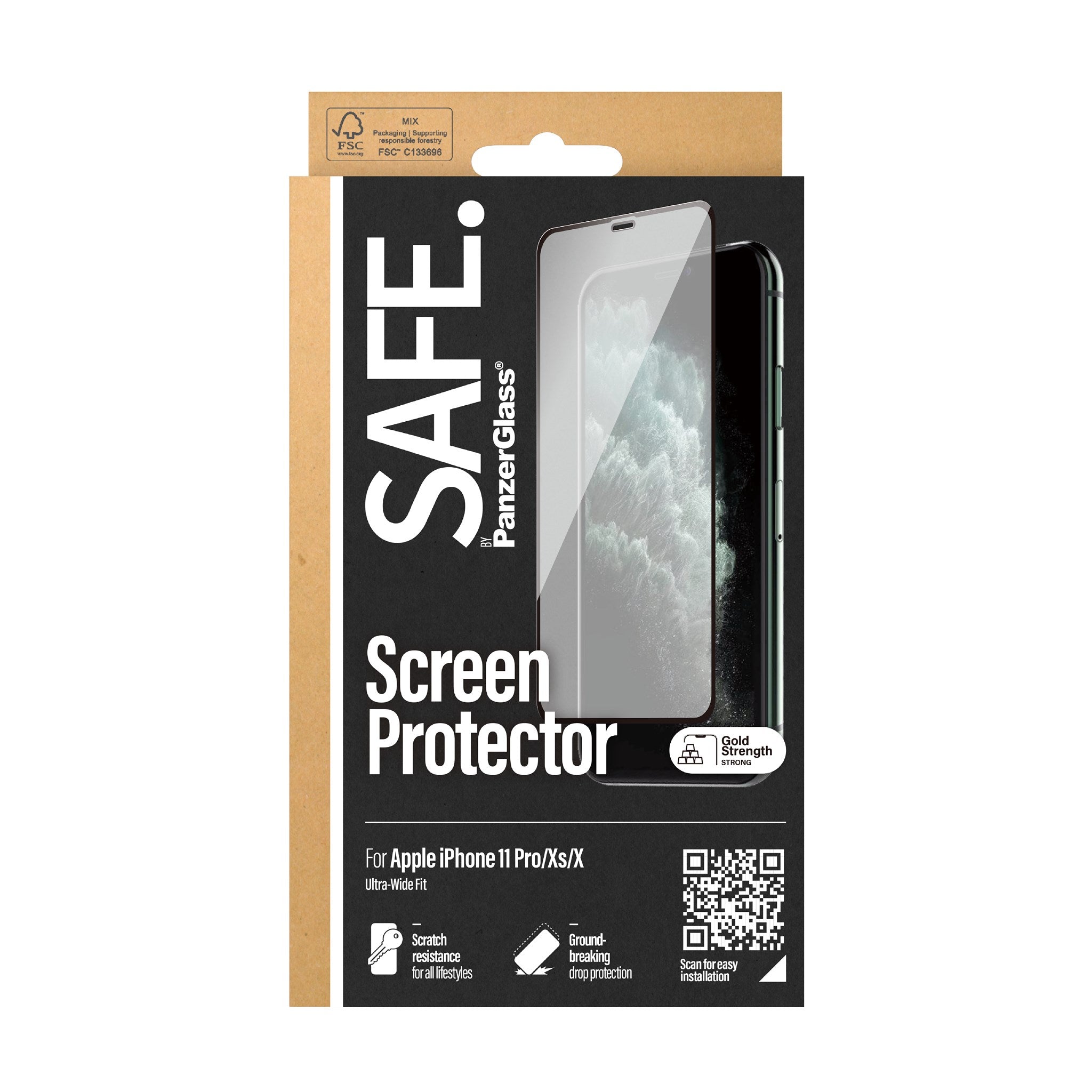 SAFE by PanzerGlass Edge-to-Edge Fit Skærmbeskyttelse - iPhone X/XS/11 Pro - Gennemsigtig/Sort Kant