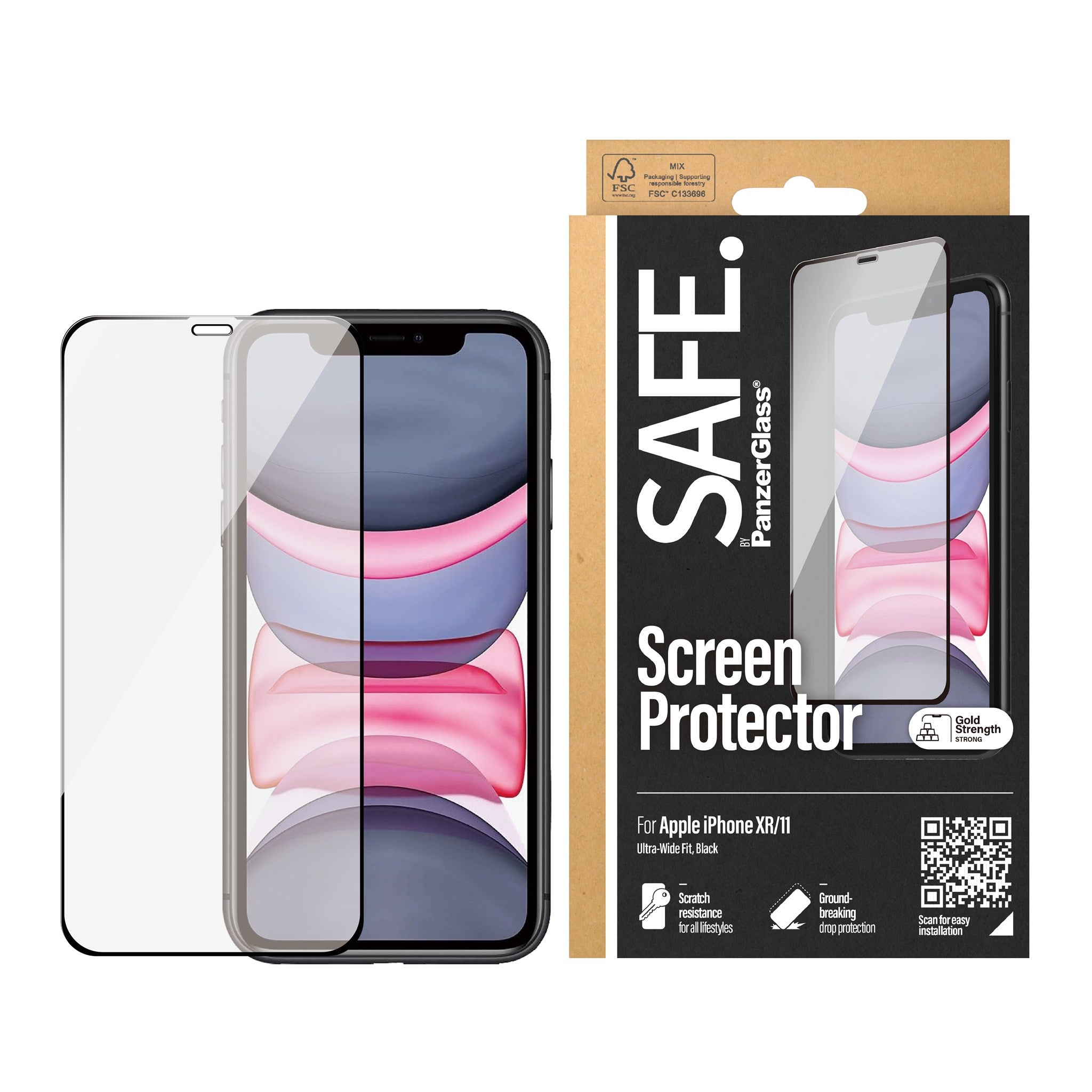 iPhone 11 / XR Safe By PanzerGlass® Edge-to-Edge Skærmbeskyttelse - Case Friendly - Gold Strength - Gennemsigtig / Sort Kant