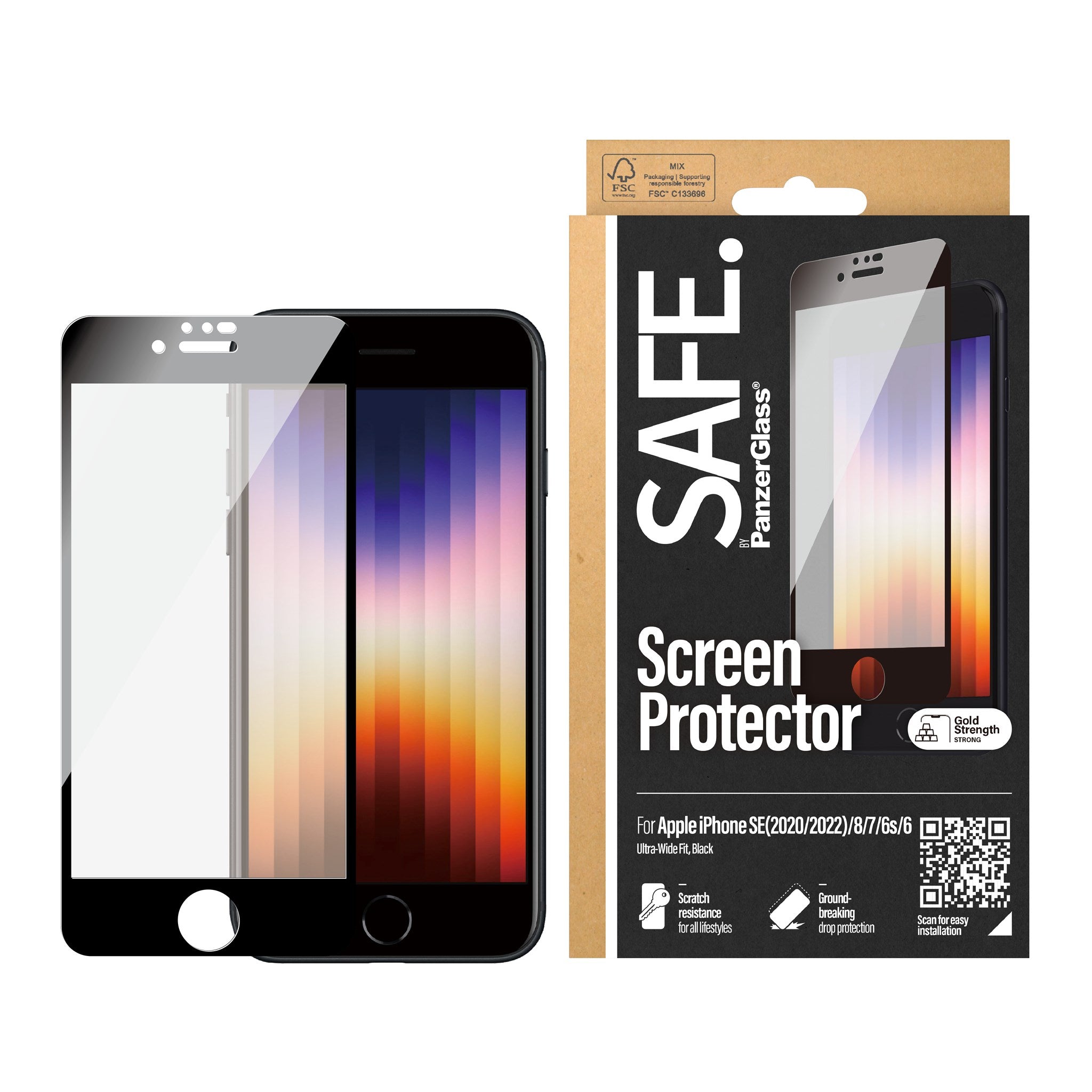 SAFE by PanzerGlass Edge-to-Edge Fit Skærmbeskyttelse - iPhone 8/7/6/6s/SE (2020/2022) - Gennemsigtig/Sort Kant