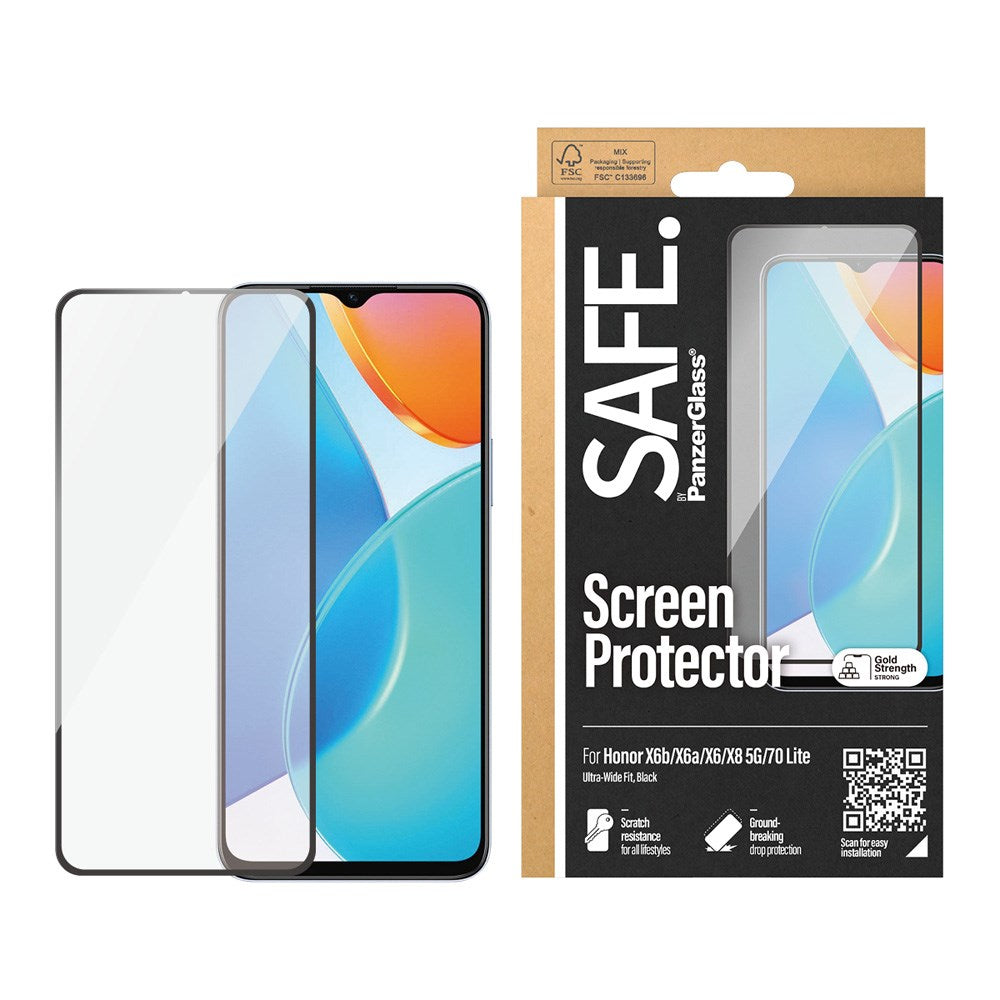 Honor X6 / X6a / X6b / X8 / 70 Lite Safe By PanzerGlass® Ultra-Wide Fit Skærmbeskyttelse - Case Friendly - Gold Strength - Gennemsigtig / Sort Kant