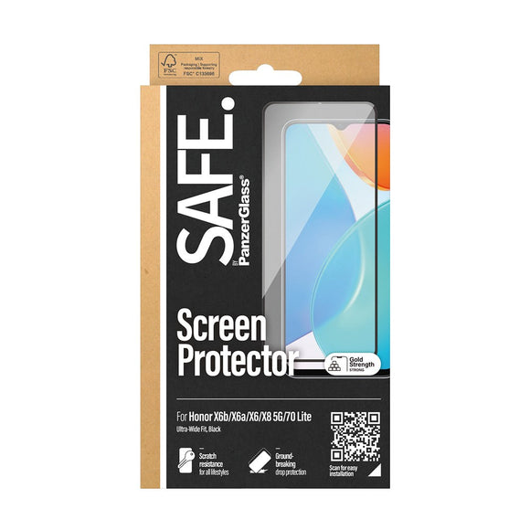 Honor X6 / X6a / X6b / X8 / 70 Lite Safe By PanzerGlass® Ultra-Wide Fit Skærmbeskyttelse - Case Friendly - Gold Strength - Gennemsigtig / Sort Kant