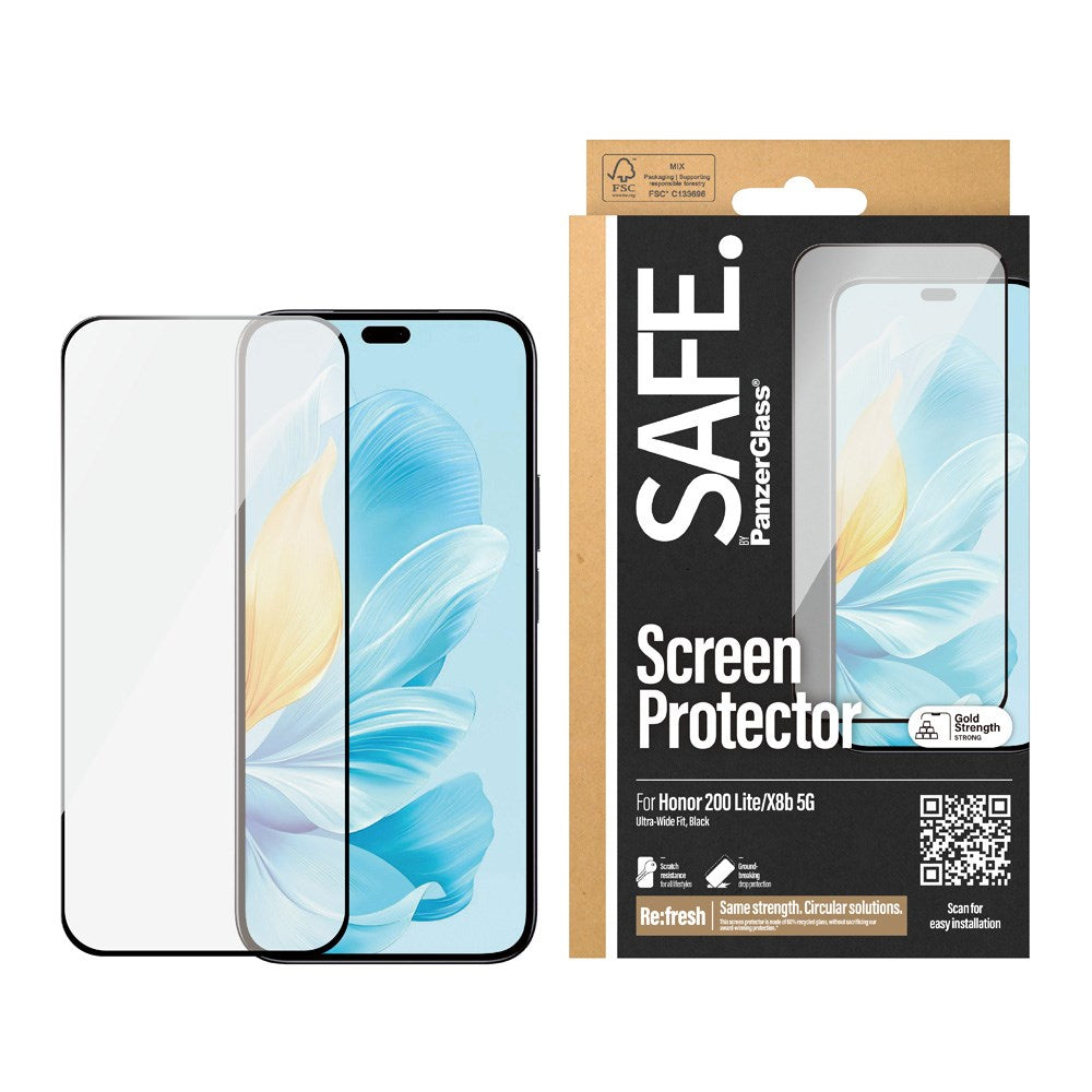 Honor 200 Lite / X8b Safe By PanzerGlass® Ultra-Wide Fit Skærmbeskyttelse - Case Friendly - Gold Strength - Gennemsigtig / Sort Kant