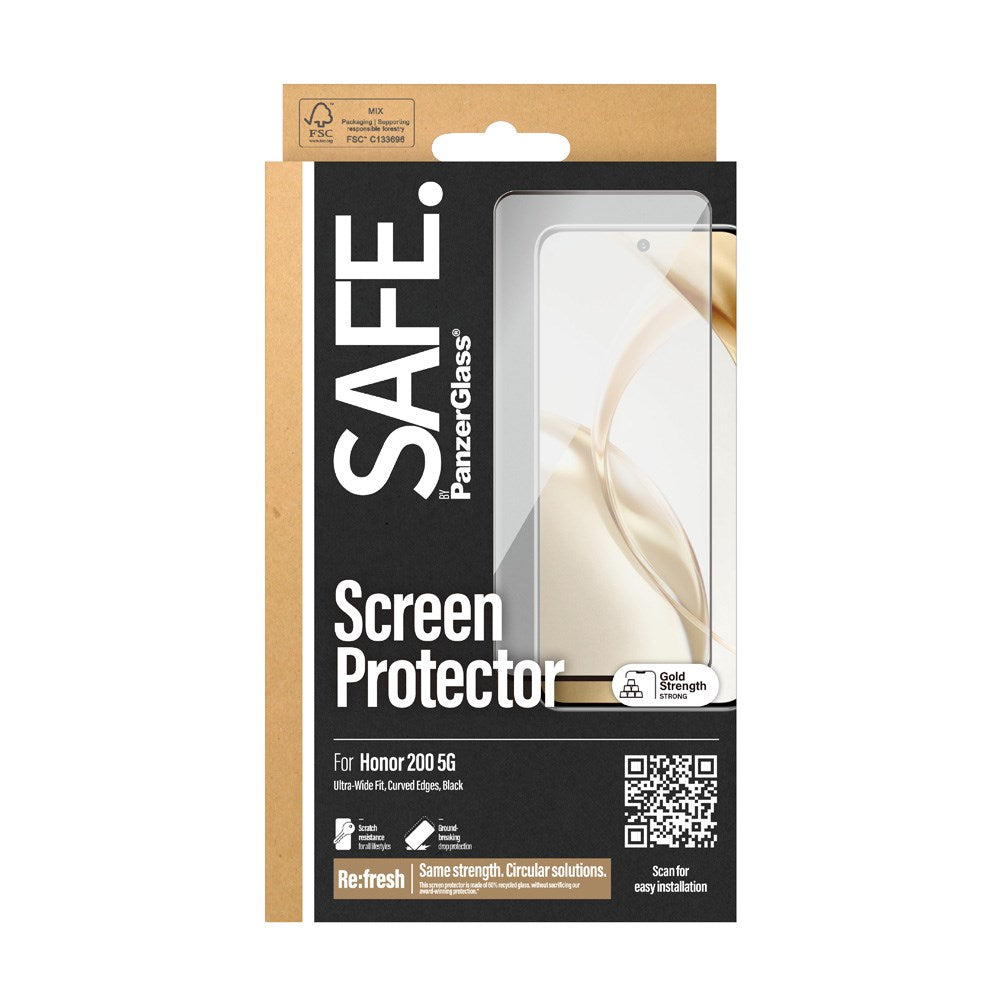 Honor 200 Safe By PanzerGlass® Ultra-Wide Fit Skærmbeskyttelse - Case Friendly - Gold Strength - Gennemsigtig / Sort Kant