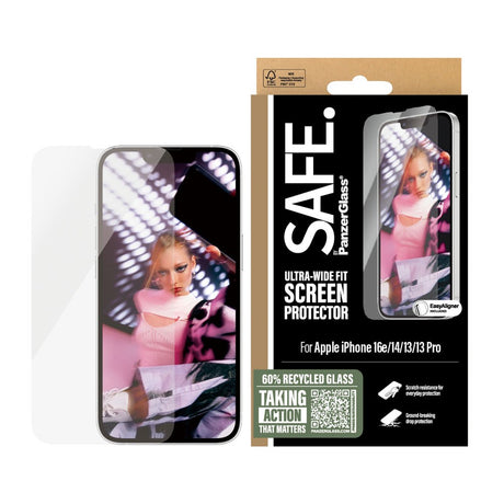 SAFE by PanzerGlass iPhone 17e / 16e / 14 / 13 / 13 Pro Ultra-Wide Fit Skærmbeskyttelsesglas m. Easy Aligner - Gennemsigtig