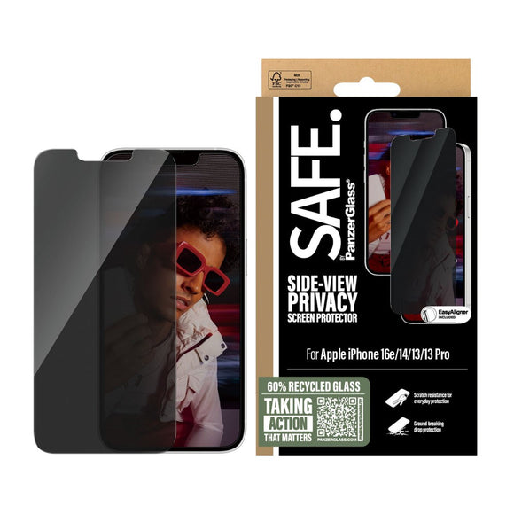 SAFE by PanzerGlass iPhone 17e / 16e / 14 / 13 / 13 Pro Ultra-Wide Fit Skærmbeskyttelsesglas - Privacy Funktion - Gennemsigtig