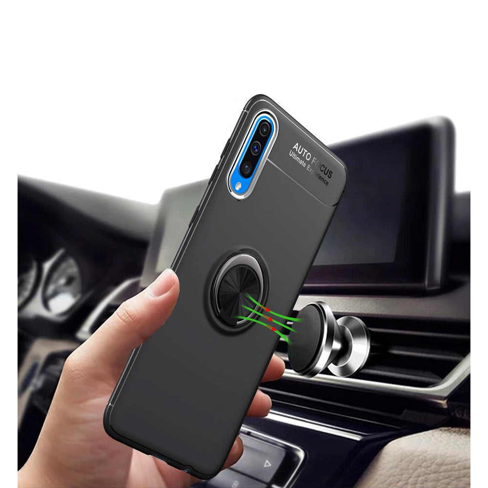 Samsung Galaxy A70 LENUO Fleksibel Plastik Cover m. Ring Holder - Sort / Rose Gold