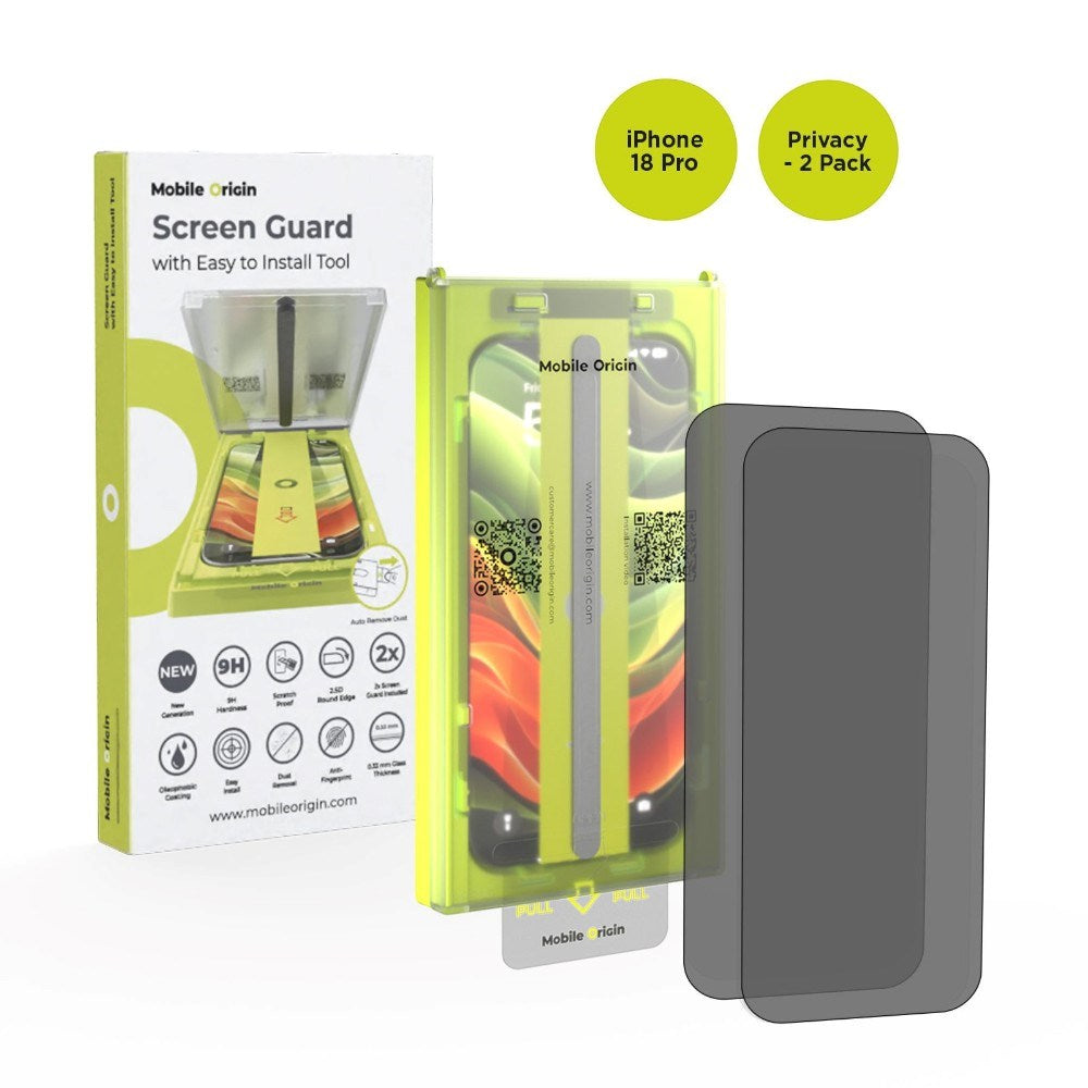 iPhone 18 Pro Mobile Origin Screen Guard Privacy Skærmbeskyttelsesglas m. Easy Applicator - 2 Stk. - Gennemsigtig