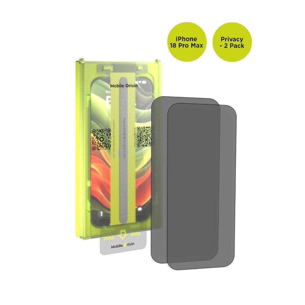 iPhone 18 Pro Max Mobile Origin Screen Guard Privacy Skærmbeskyttelsesglas m. Easy Applicator - 2 Stk. - Gennemsigtig