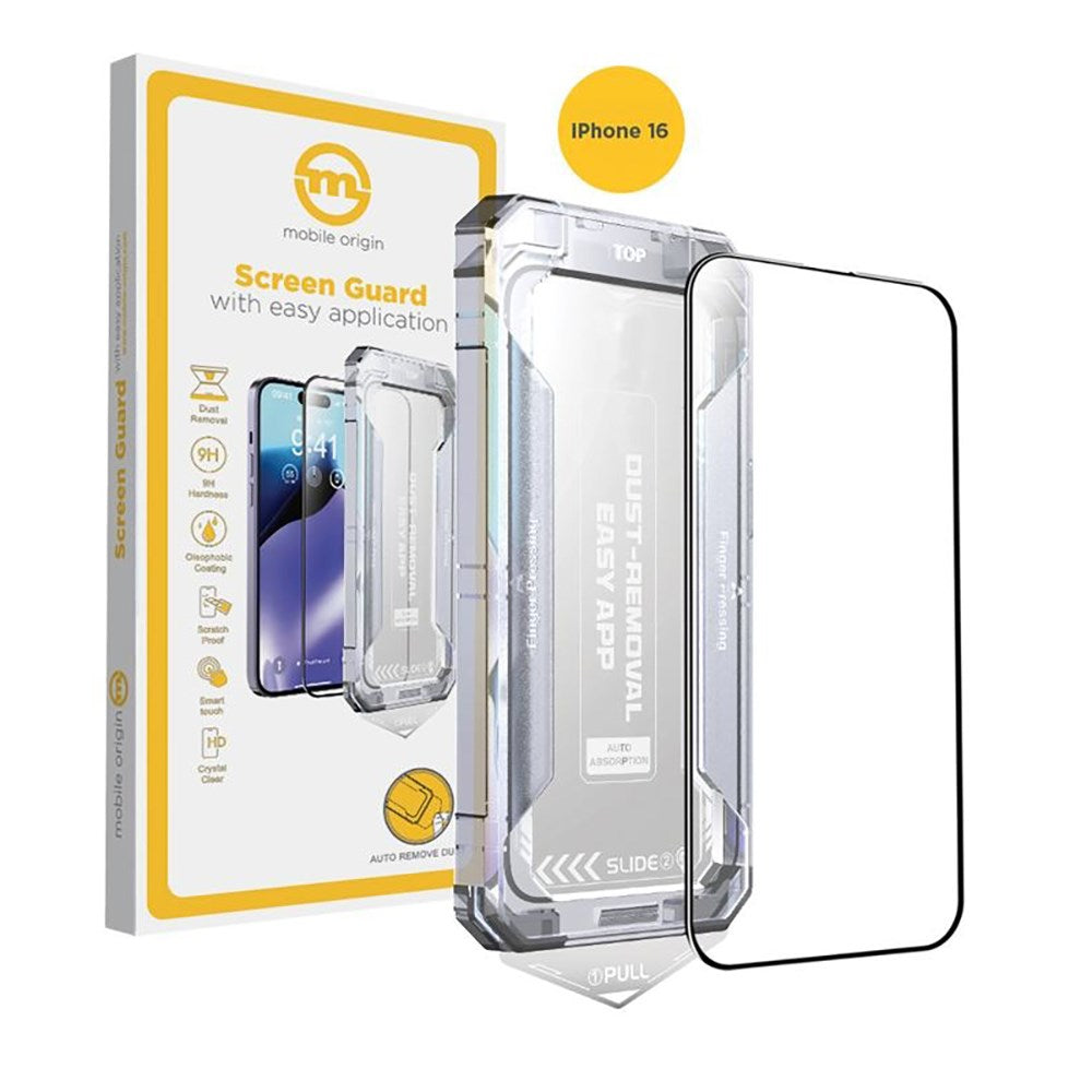iPhone 16 Mobile Origin Skærmbeskyttelsesglas m. Applikator - Gennemsigtig / Sort Kant