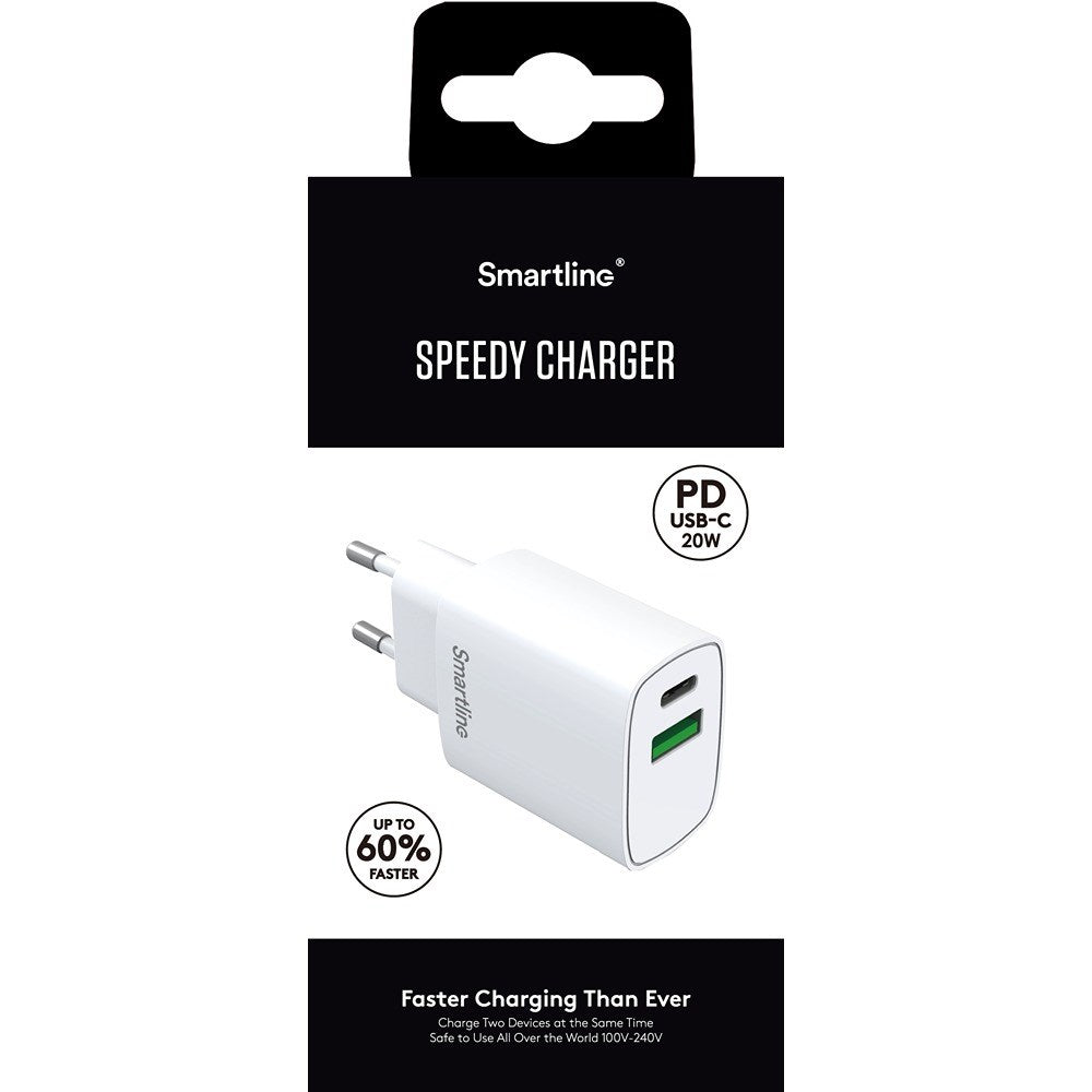 Smartline PD 20W Vægoplader m. 1 x USB-A / 1 x USB-C - Hvid