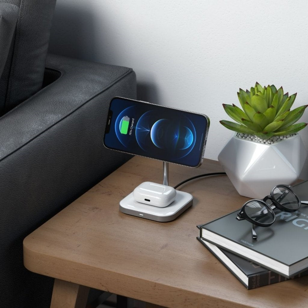 Satechi 15W Magnetic 2-in-1 Wireless Charging Stand - MagSafe Kompatibel - Hvid