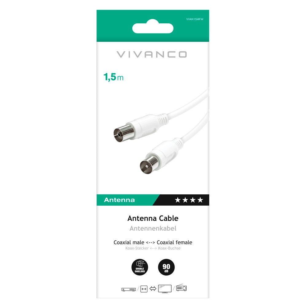 Antennekabel Coaxial 90DB M-F - 1,5m Hvid