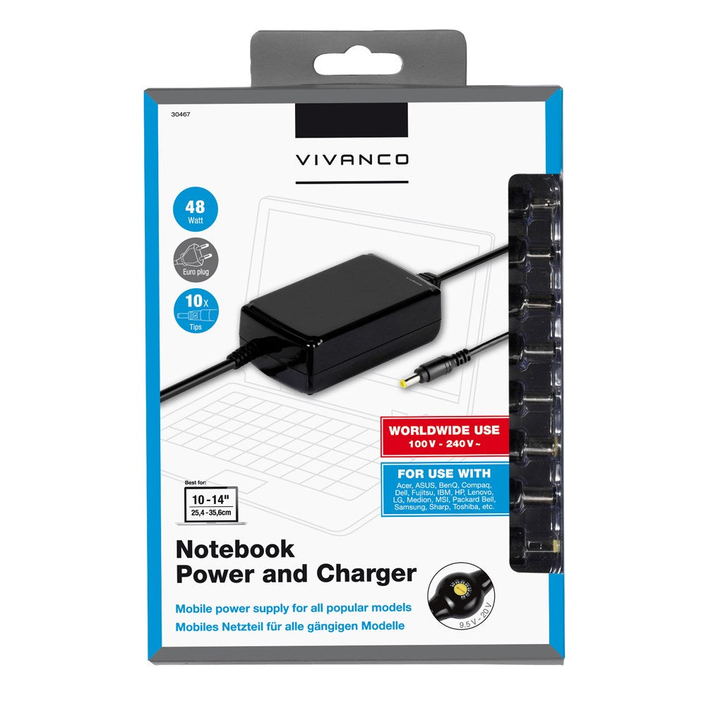 Vivanco Laptop Oplader 45W m. 10 x Adaptere - Sort