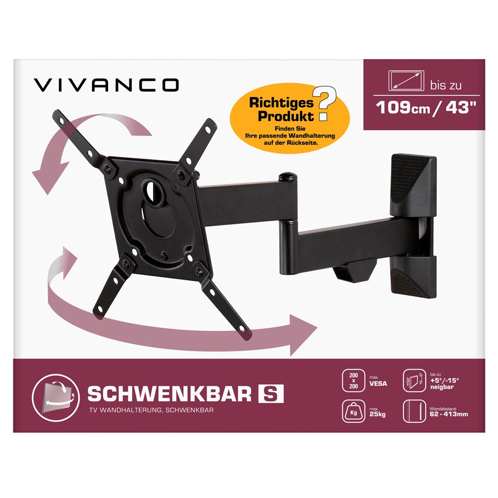 Vivanco TV Vægbeslag m. Udtræk - 25kg / 43" - Sort