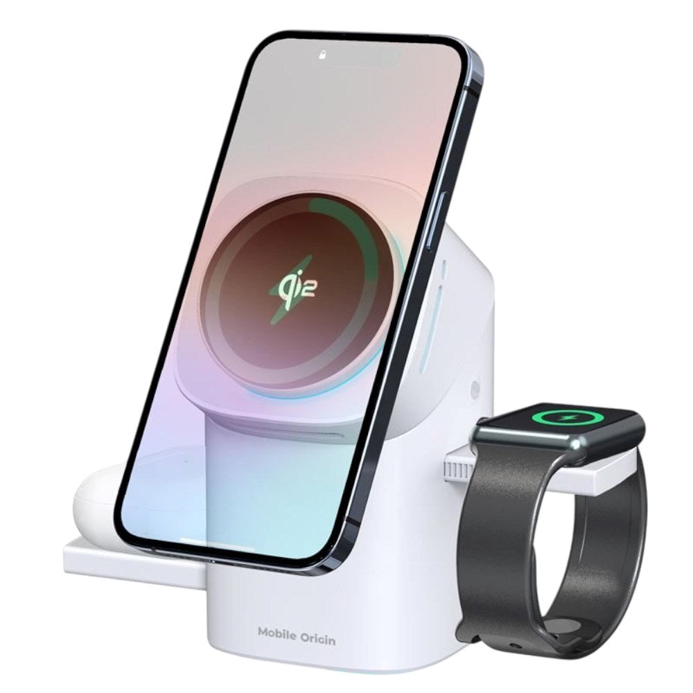 3-i-1 Qi2 Trådløs Oplader Mobile Origin - Til Telefon, Apple Watch & Høretelefoner - Hvid