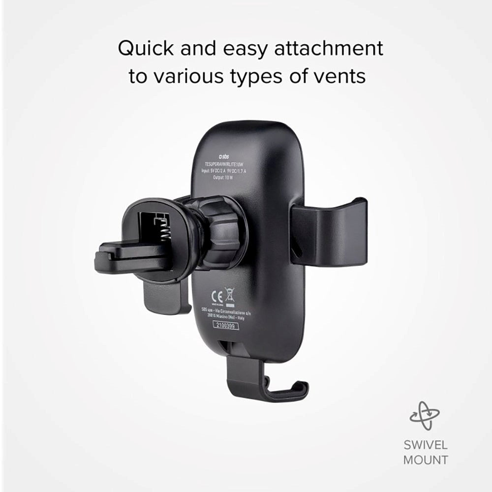 SBS Gravity Mobilholder til Ventilation m. Trådløs Opladning Qi 10W - Max Mobil: 55mm - 90mm - Sort