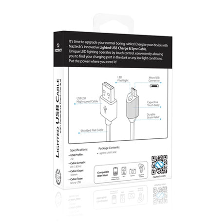 Naztech Micro-USB Ladekabel med Lys 1.8m - Sort
