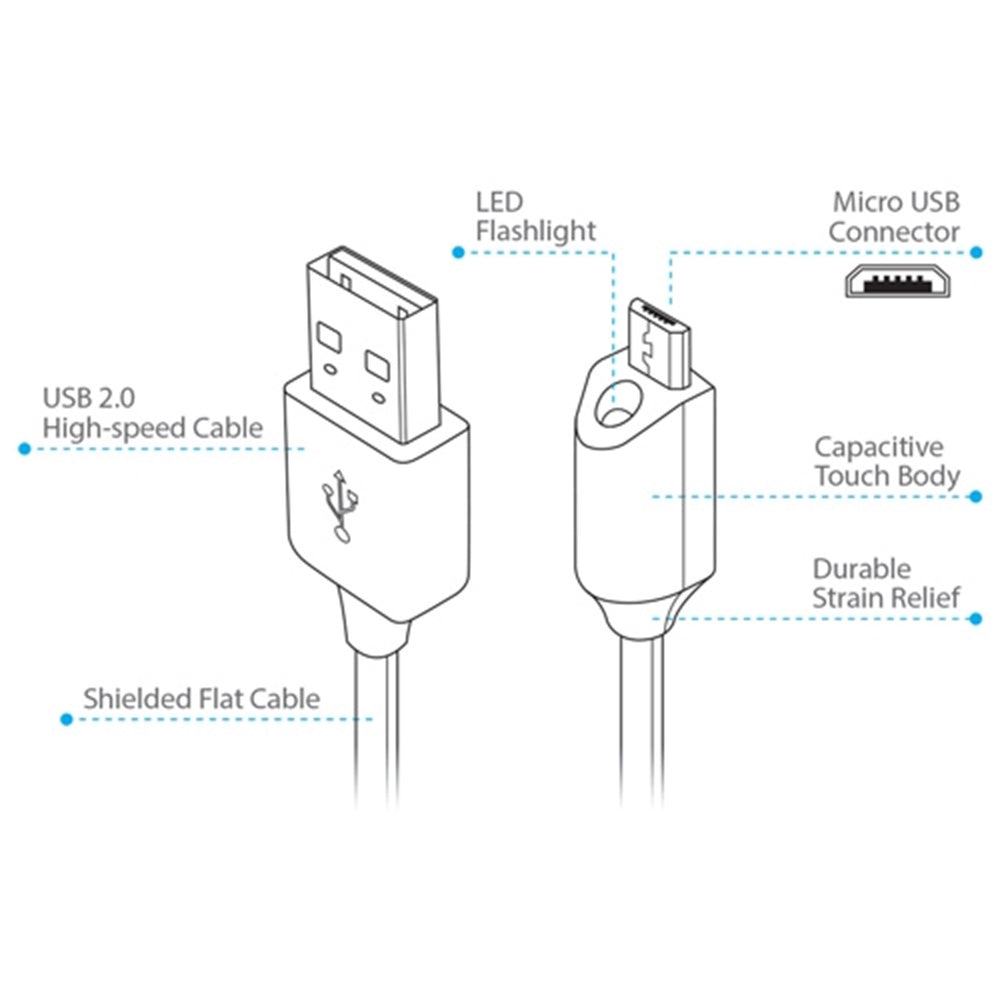 Naztech Micro-USB Ladekabel med Lys 1.8m - Hvid