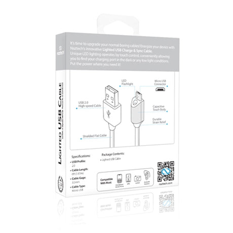 Naztech Micro-USB Ladekabel med Lys 1.8m - Hvid