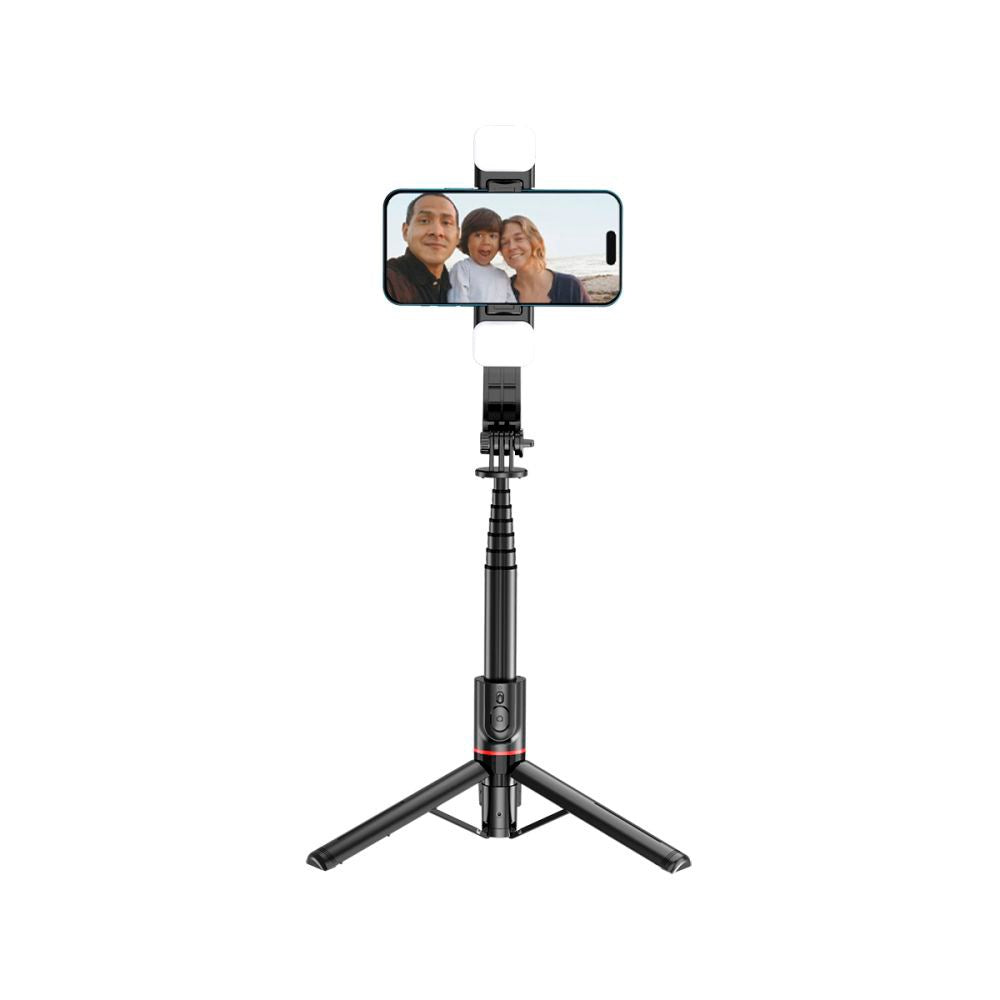 Tech-Protect L05S Kompakt Selfiestang m. Tripod & Led Lys - Bluetooth - Sort