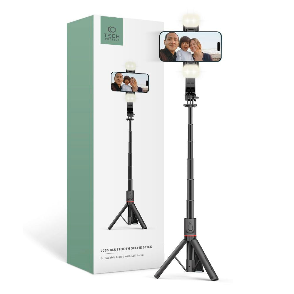 Tech-Protect L05S Kompakt Selfiestang m. Tripod & Led Lys - Bluetooth - Sort