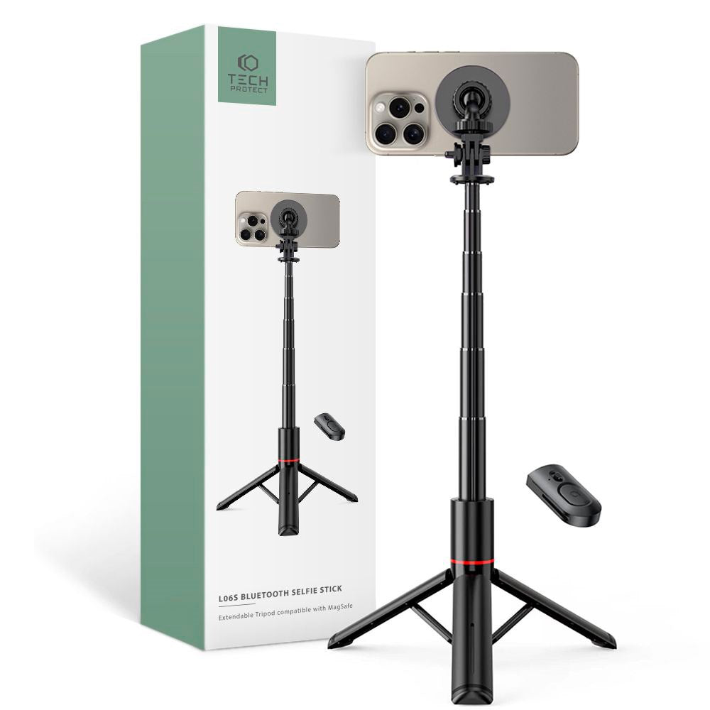 Tech-Protect L06S Kompakt Selfiestang m. Tripod & Bluetooth - MagSafe Kompatibel - Sort