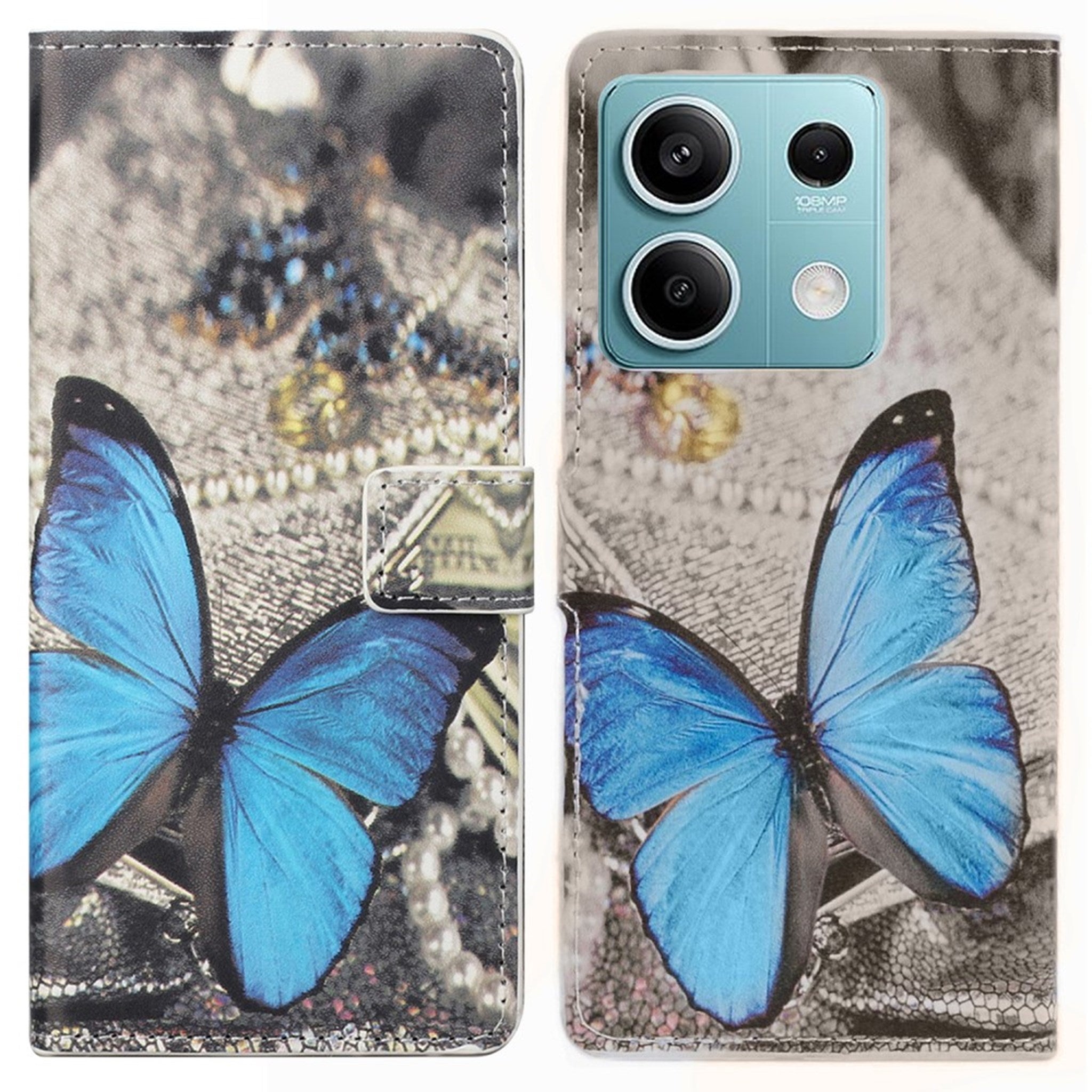 EIDERWOOD Xiaomi Redmi Note 13 (5G) Kunstlæder Cover m. Pung & Ståfunktion - Blå Sommerfugl
